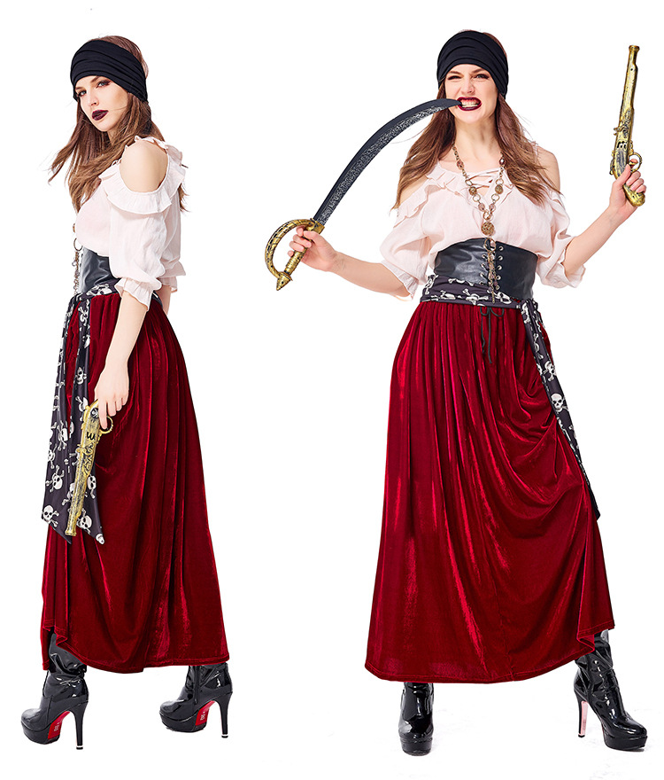 Women Caribbean Pirates Captain Costume Halloween Cosplay Suit Medoeval Gothic